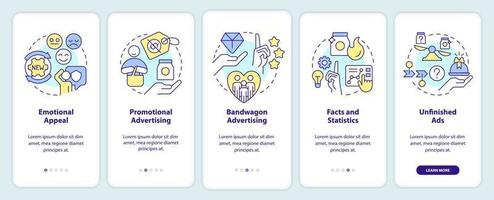 Advertising strategies in marketing onboarding mobile app screen. Walkthrough 5 steps editable graphic instructions with linear concepts. UI, UX, GUI template vector