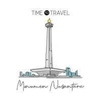 Depok, Indonesia - August 5, 2019- One single line drawing Monas landmark. Iconic place in Jakarta, Indonesia. Tourism travel postcard wall decor home art poster print concept. Vector illustration