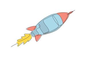 Un dibujo de una sola línea de un cohete vintage simple despega hacia la ilustración vectorial gráfica del espacio exterior. exploración del cosmos galáctico con concepto de nave espacial. diseño moderno de dibujo de línea continua vector