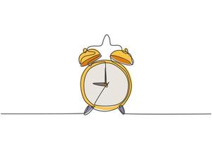 Single continuous line drawing of retro classic metal alarm clock with ring bell. Loud ringing alarm timer for waking up reminder concept. Modern one line draw design graphic vector illustration