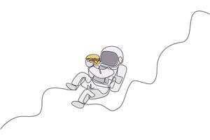 One single line drawing of astronaut flying in cosmos galaxy while eating spicy delicious burger vector graphic illustration. Fantasy outer space life concept. Modern continuous line draw design