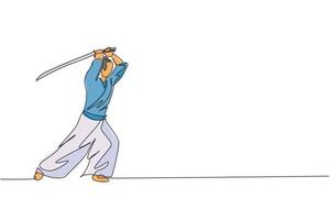 One continuous line drawing of young bravery samurai warrior pose ready to attack at training session. Martial art combative sport concept. Dynamic single line draw graphic design vector illustration