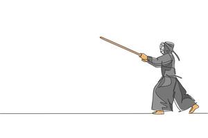 una sola línea dibujando la habilidad de ataque del tren de un joven enérgico en kendo con espada de madera en la ilustración vectorial del centro de artes marciales. concepto de deporte de lucha combativa. diseño moderno de dibujo de línea continua vector