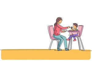 One single line drawing of young mother feeding her son a meal who sit at baby dining chair at home vector graphic illustration. Happy family parenting concept. Modern continuous line draw design