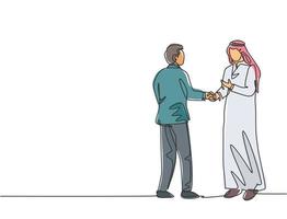 Single line drawing of businessmen handshaking his Arabian business partner. Great teamwork. Business project deal concept with dynamic continuous line draw style vector graphic illustration