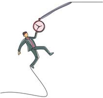 Continuous one line drawing young male worker swinging on pocket watch chain to reach goals target. Time management business minimalist concept. Single line draw design vector graphic illustration