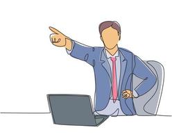 One continuous line drawing of young furious male manager pointed in his finger and drive away his sacked staff out of the room. Job dismissal concept single line draw design vector illustration