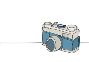 One continuous line drawing of old vintage analog pocket camera, side view. Retro classic photography equipment concept single line graphic draw design vector illustration