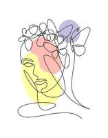 One single line drawing woman with butterfly line art vector illustration. Female abstract face butterfly wings portrait minimalistic fashion style concept. Modern continuous line graphic draw design