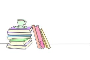 un dibujo de línea continua de una pila de libros y una taza de café en el escritorio de la oficina. Mesa de espacio de trabajo con concepto de pila de libros. ilustración de diseño de dibujo de una sola línea vector