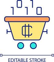 Cryptocurrency mining RGB color icon. Cart and binary code. Blockchain technology. Digital coin. Isolated vector illustration. Simple filled line drawing. Editable stroke