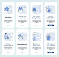 Discount strategy light blue onboarding mobile app screen set. Sales walkthrough 4 steps editable graphic instructions with linear concepts. UI, UX, GUI template vector