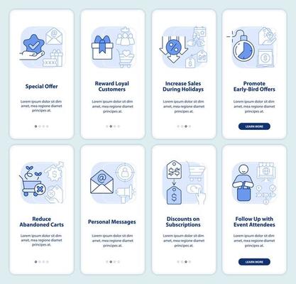 Discount strategy light blue onboarding mobile app screen set. Sales walkthrough 4 steps editable graphic instructions with linear concepts. UI, UX, GUI template