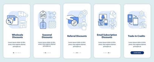 Discount types light blue onboarding mobile app screen. Allowances walkthrough 5 steps editable graphic instructions with linear concepts. UI, UX, GUI template vector