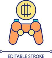 Play videogame and get cryptocurrency RGB color icon. Way to earn free virtual tokens. Gamers profit. Isolated vector illustration. Simple filled line drawing. Editable stroke