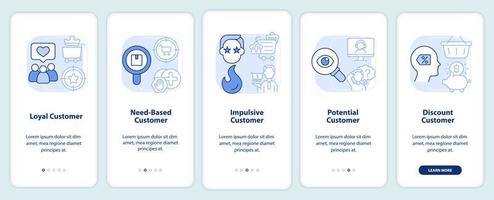 Types of customers light blue onboarding mobile app screen. Business walkthrough 5 steps editable graphic instructions with linear concepts. UI, UX, GUI template vector