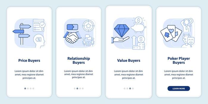 Dealing with customers light blue onboarding mobile app screen. Walkthrough 4 steps editable graphic instructions with linear concepts. UI, UX, GUI template vector