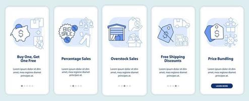 Types of discounts light blue onboarding mobile app screen. Sales walkthrough 5 steps editable graphic instructions with linear concepts. UI, UX, GUI template vector