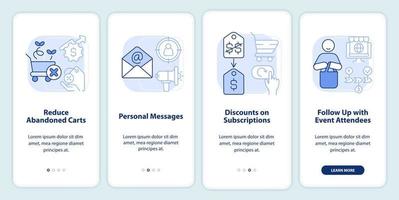 Strategy of discount light blue onboarding mobile app screen. Business walkthrough 4 steps editable graphic instructions with linear concepts. UI, UX, GUI template vector