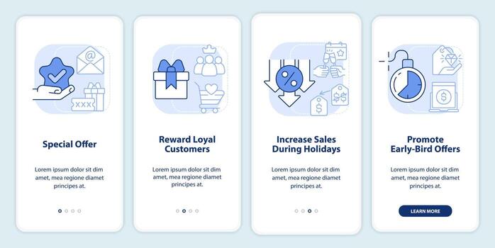 Discount policy light blue onboarding mobile app screen. Marketing walkthrough 4 steps editable graphic instructions with linear concepts. UI, UX, GUI template vector