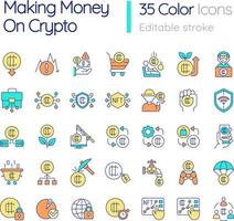 Making money on crypto RGB color icons set. Trading on cryptocurrency stock market. Isolated vector illustrations. Simple filled line drawings collection. Editable stroke