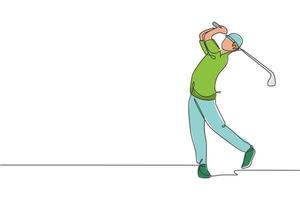 un dibujo de una sola línea de un joven jugador de golf deportivo golpeó la pelota usando la ilustración del vector gráfico del club de golf. concepto de deporte saludable. diseño moderno de dibujo de línea continua para póster de torneo de golf