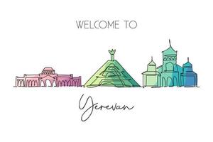 One continuous line drawing of Yerevan city skyline, Armenia. Beautiful landmark. World landscape tourism travel vacation poster. Editable stylish stroke single line draw design vector illustration