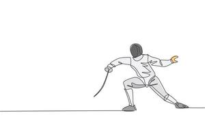 One single line drawing of young man fencer athlete in fencing costume exercising motion on sport arena vector illustration. Combative and fighting sport concept. Modern continuous line draw design