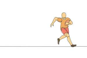 un dibujo de una sola línea de un joven jugador de rugby enérgico corriendo para evitar la ilustración vectorial de persecución rival. concepto de deporte saludable. diseño moderno de dibujo de línea continua para la pancarta del torneo de rugby vector