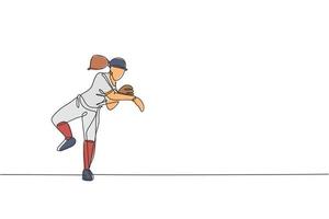 One single line drawing of young energetic woman baseball player practice throw the ball vector illustration. Sport training concept. Modern continuous line draw design for baseball tournament banner