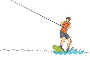 un dibujo de línea continua de un joven enérgico divertido jugar wakeboard en el océano. concepto de deporte de estilo de vida saludable. felices vacaciones turísticas. Ilustración de vector de diseño de dibujo de línea única dinámica