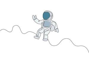 One continuous line drawing of young astronaut scientist exploring outer space in retro style. Spaceman cosmos discovery concept. Dynamic single line draw design vector graphic illustration