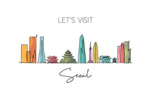 Single continuous line drawing Seoul skyline, South Korea. Famous city scraper landscape wall decor poster print art. World travel destination concept. Modern one line draw design vector illustration