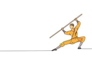 One continuous line drawing young shaolin monk man practice kung fu using long staff at temple ground. Traditional Chinese combative sport concept. Single line draw design graphic vector illustration