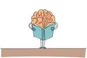 dibujo de línea continua única del cerebro humano de pie y libro de lectura para la etiqueta del logotipo de la biblioteca pública. concepto de icono de logotipo de personaje inteligente. Ilustración de vector de diseño gráfico de dibujo de una línea moderna