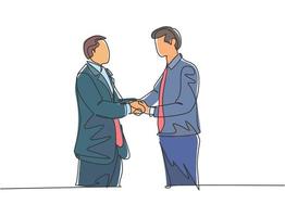 Single line drawing of businessmen handshaking his business partner. Great teamwork. Business deal concept with continuous line draw style vector graphic illustration