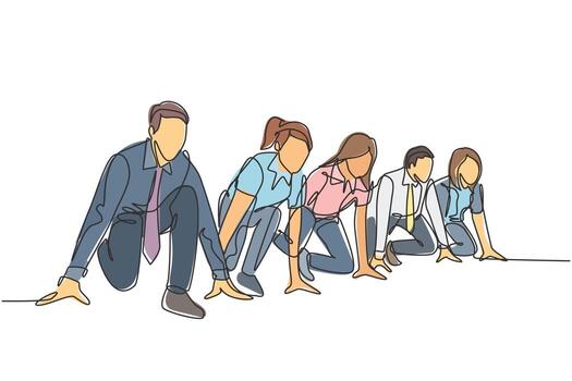 un grupo de dibujo de una sola línea de empresario y empresaria se prepara en la línea de salida para hacer una carrera de velocidad. Concepto de competencia en funcionamiento empresarial ilustración de vector de diseño de dibujo de línea continua