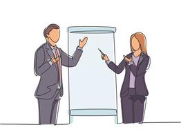 Single continuous line drawing of young happy male and female business coach speaking in front of the class. Coaching course and meeting concept one line draw design graphic vector illustration