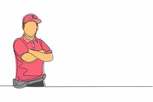 Continuous one line drawing of young delivery man with uniform posing cross his hands on chest. Professional job profession minimalist concept. Single line draw design vector graphic illustration