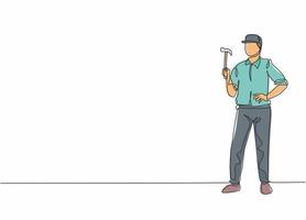 Continuous one line drawing of young handyman holding hammer. Professional job profession minimalist concept. Single line draw design vector graphic illustration