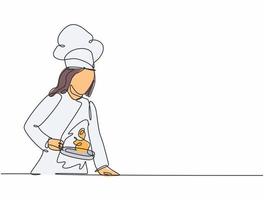 dibujo de línea continua única de una joven chef de belleza preparándose para saltear verduras en una sartén. concepto de comida orgánica saludable diseño de dibujo de una línea ilustración de minimalismo vectorial vector