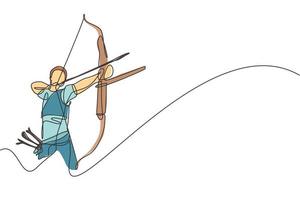 One single line drawing of young archer man focus exercising archery to hit the target vector graphic illustration. Healthy refresh shooting with bow sport concept. Modern continuous line draw design