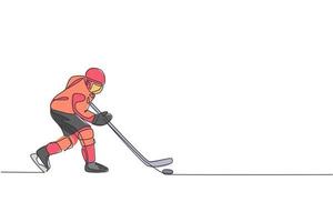 One continuous line drawing of young professional ice hockey player exercising and practicing on ice rink stadium. Healthy extreme sport concept. Dynamic single line draw design vector illustration