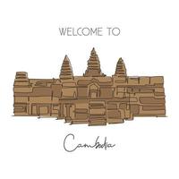 One continuous line drawing Angkor Wat Temples landmark. Iconic place in Siem Reap, Cambodia. Holiday vacation wall decor home art poster concept. Modern single line draw design vector illustration