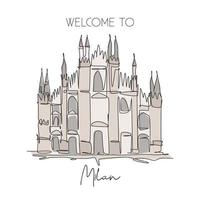 un dibujo de una sola línea hito del duomo di milano. lugar mundialmente famoso en milán, italia. concepto de cartel de decoración de pared de hogar de postal de viaje de turismo. ilustración de vector de diseño de dibujo de línea continua moderna