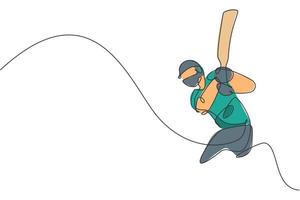 One continuous line drawing of young happy man cricket player hit the ball at competition vector illustration. Competitive sport concept. Dynamic single line draw design for sport advertisement poster