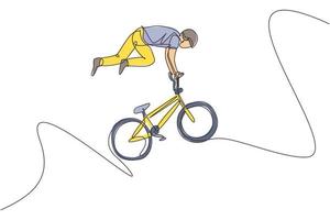 One continuous line drawing of young BMX bicycle rider does flying on the air trick at skatepark. Extreme sport concept vector illustration. Dynamic single line draw design for event promotion poster