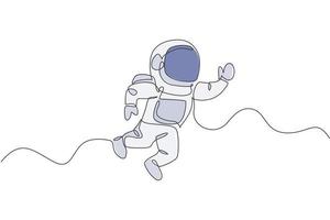 One continuous line drawing of young astronaut scientist exploring outer space in retro style. Spaceman cosmos discovery concept. Dynamic single line draw design vector graphic illustration