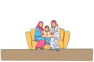 Continuous one line drawing of young Arabian parent sitting on sofa with their boy, reading a book. Happy Islamic muslim parenting family concept. Single line graphic draw design vector illustration