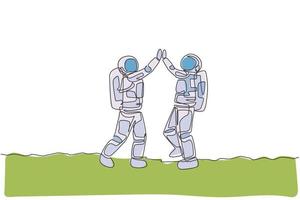 Single continuous line drawing of two young astronauts giving high five gesture to celebrate a success in moon surface. Space man cosmic galaxy concept. Trendy one line draw design vector illustration